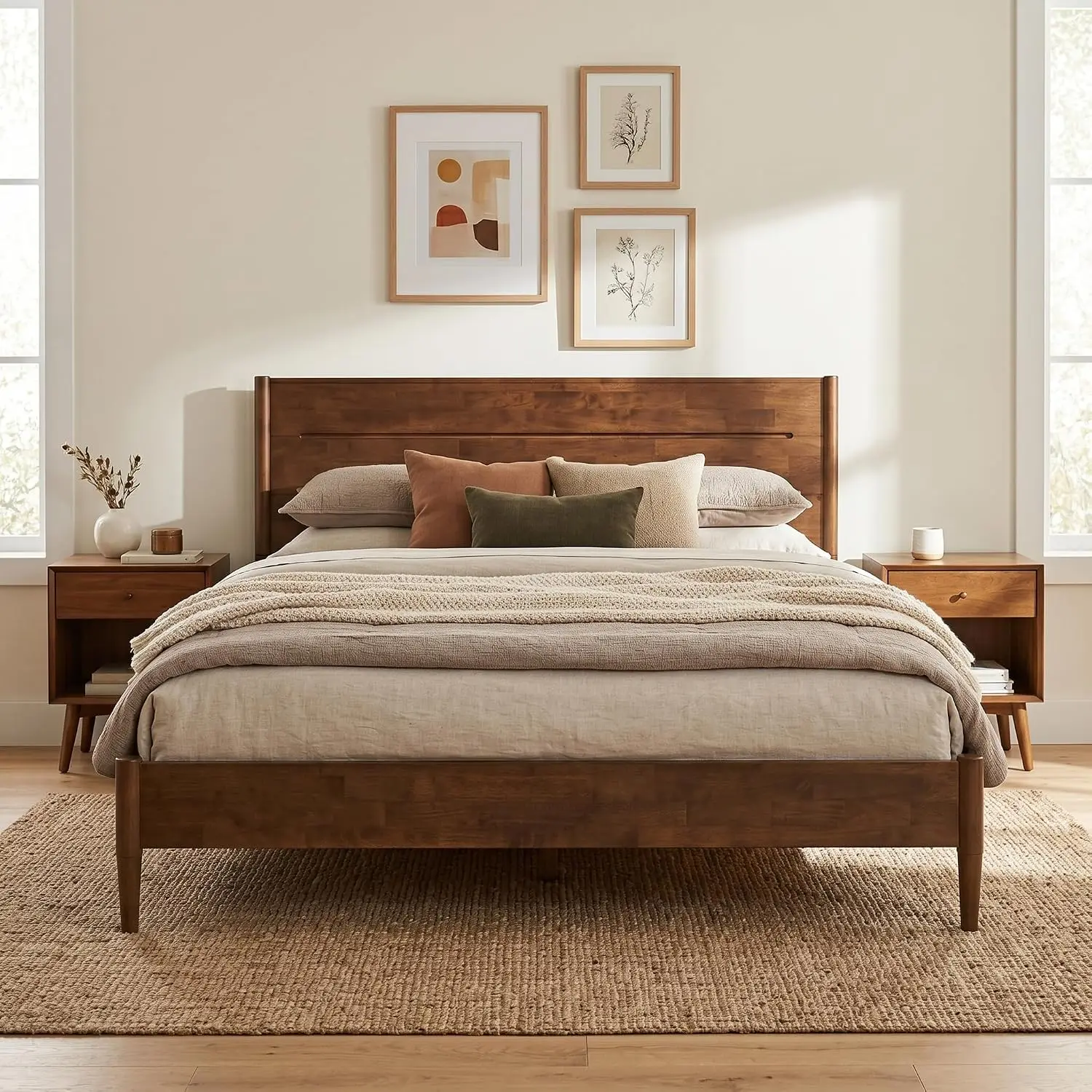 Solid Wood Platform Bed Full with Headboard, Walnut Finish, Customized