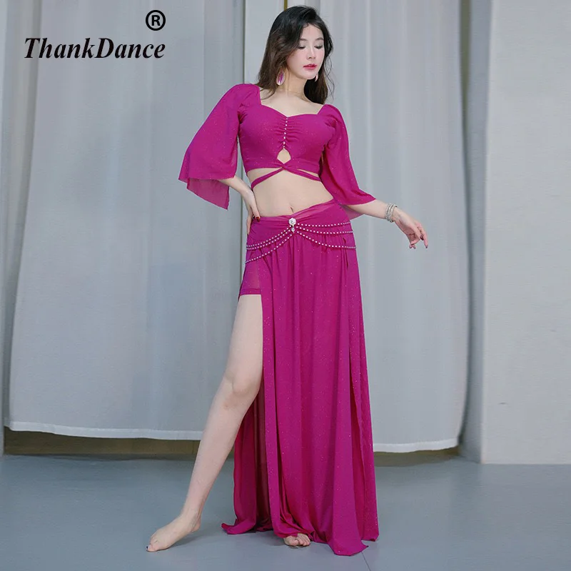 Ensemble d'entraînement de danse du ventre pour femmes, 2 pièces, haut et jupe fendue élégante, Costume d'entraînement pour dames, ensemble de costumes de spectacle de danse du ventre