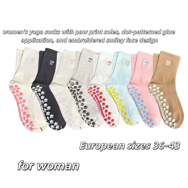 

European sizes 36-43, 1 Pair of Women's Yoga Socks with Paw Print Soles, Dot-Patterned Glue Application, and Embroidered Smiley