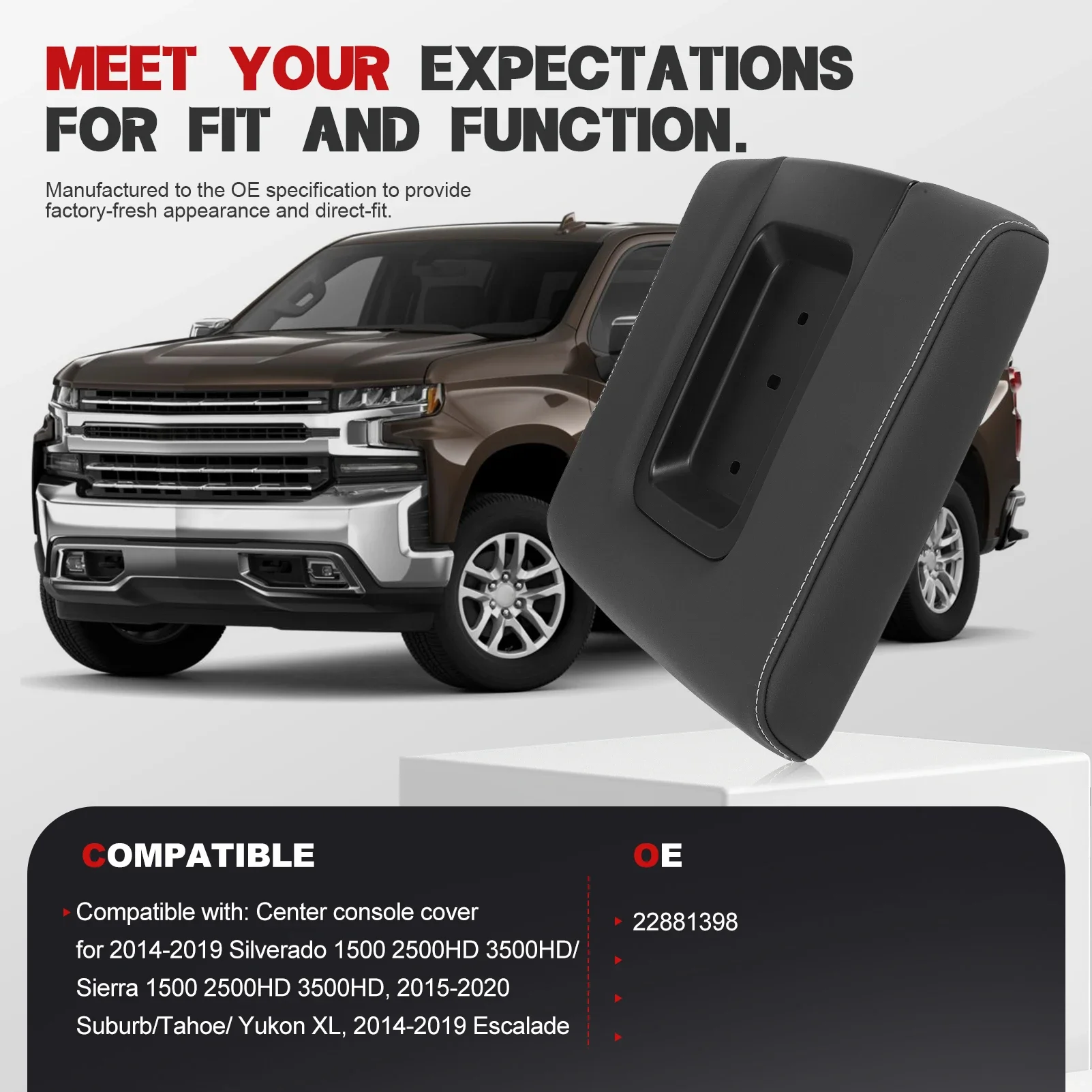 FOR 2014-2019 Chevrolet Chevy Silverado Suburban Tahoe GMC Sierra Yukon XL Front Black Seat Center Console Armrest Lid 22881398