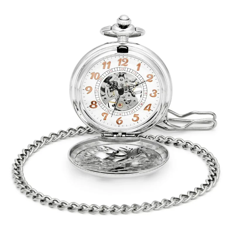 

Antique Style Silver Tone Arabic Number Dial Pocket Watch Mechanical Men's Steampunk Vintage Hand-Wind Engraved Skeleton Case