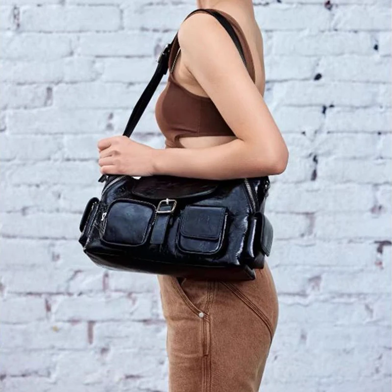 

Винтажная сумка через плечо из вощеной кожи, женская роскошная высококачественная сумка через плечо с несколькими карманами на молнии, регулируемая сумка-мессенджер