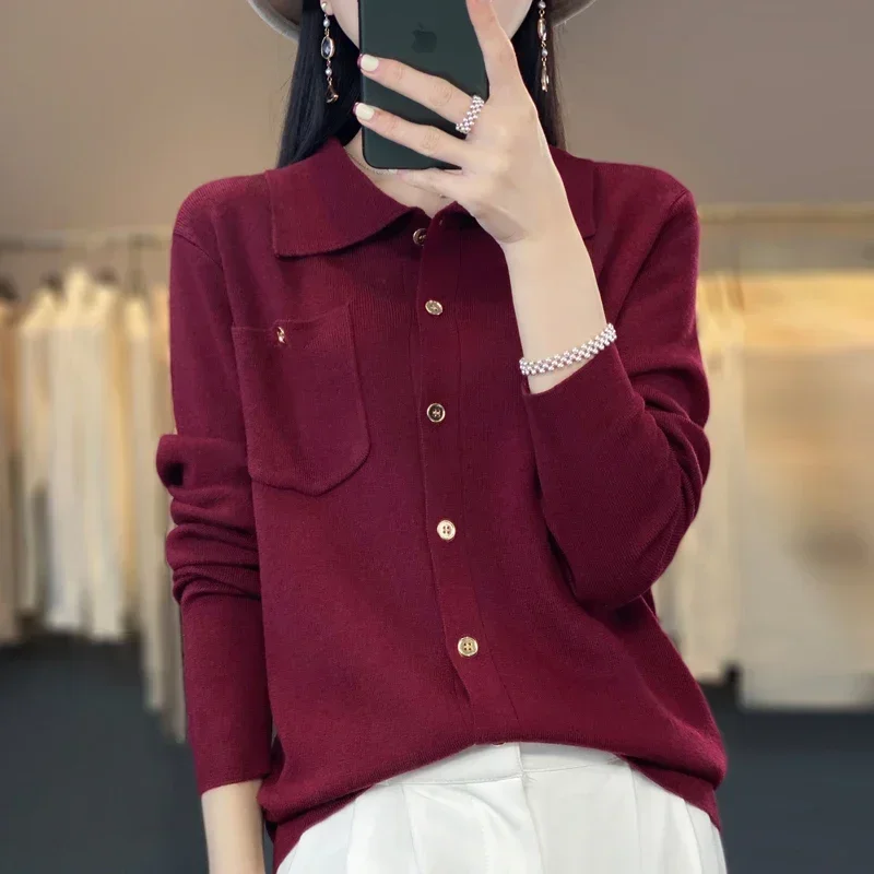 Sweater Cardigan Women POLO Collar Knitted Cardigan Sweater Shirt Sweater Tops Women 2024long Sleeve Sweaters Woman Trend2024