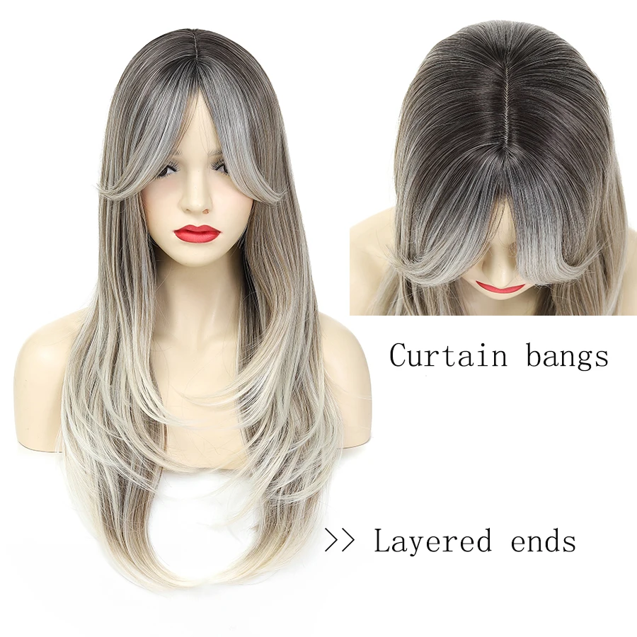 Long Layered Blonde Wigs for Women Synthetic Hair Wig with Bangs Natural Wavy Heat Resistant Wigs for Daily Party Use