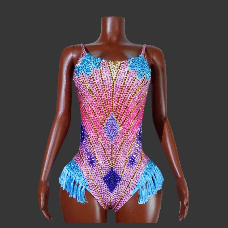 

Sparkly Rhinestones Tassel Strip Bodysuit Women Sexy Show Performance Dance Costume Nightclub Outfit Singer Dancer Stage Wear