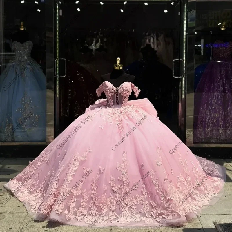 

Роскошные розовые платья Quinceanera с бантом и бисером, кружево с открытыми плечами, Vestidos De 15, вечеринка по индивидуальному заказу