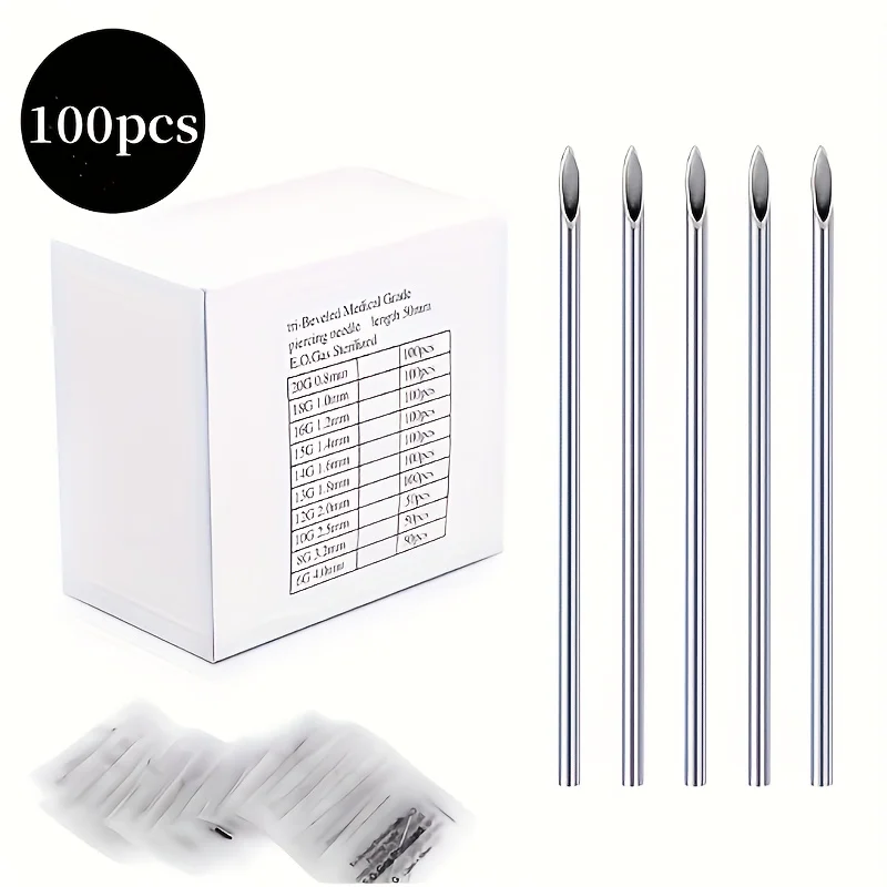 

100PCS Mixed Body Piercing Needles, 14G 15G 16G 18G 20G Stainless Steel Sterile Ear Nose Navel Nipple Lip Piercing Needles