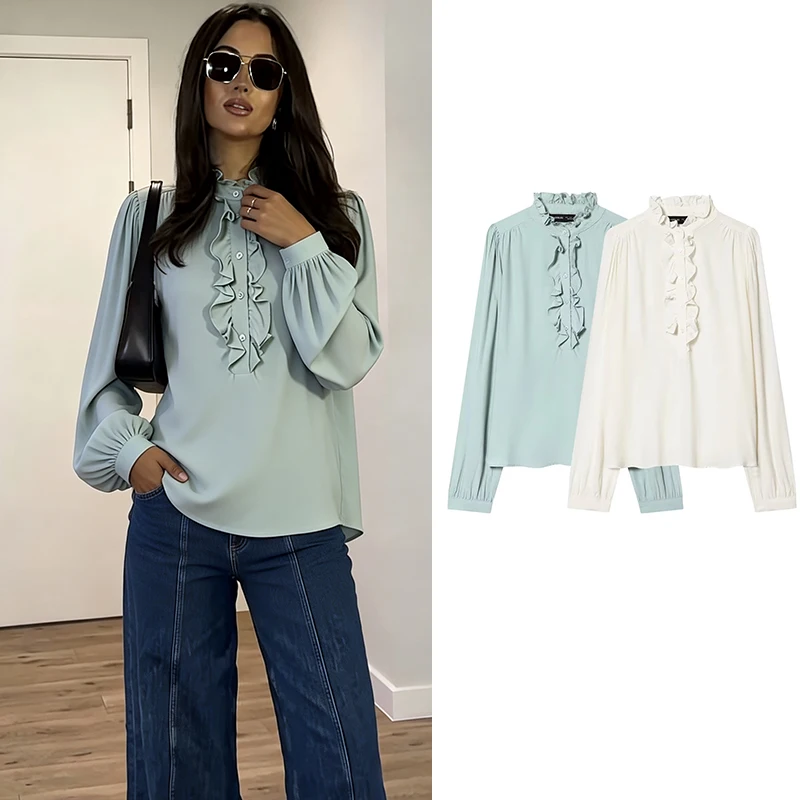 

2026 Spring Autumn Women Blouses New Fashion Elegant Ruffles Blouse For Women Long Sleeve Solid Color Leisure Top