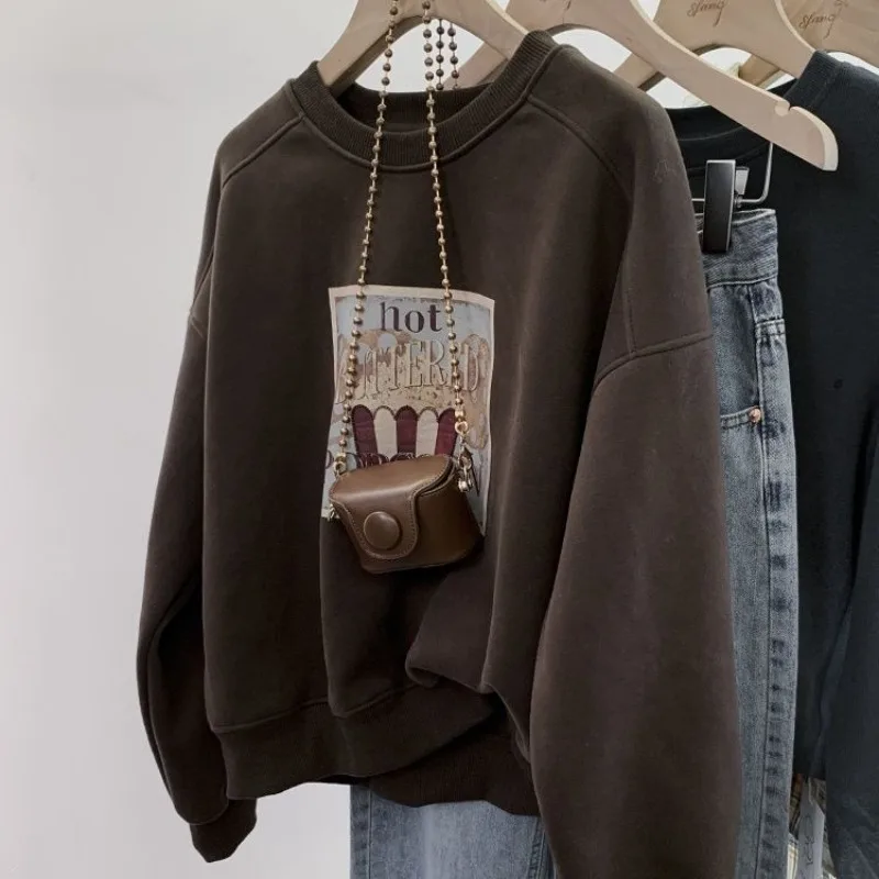 Herbst Winter Samt Verdickt Rundhals Sweatshirt für Frauen 2025, Neue Stil Einfache Gedruckt Lose Warme Top