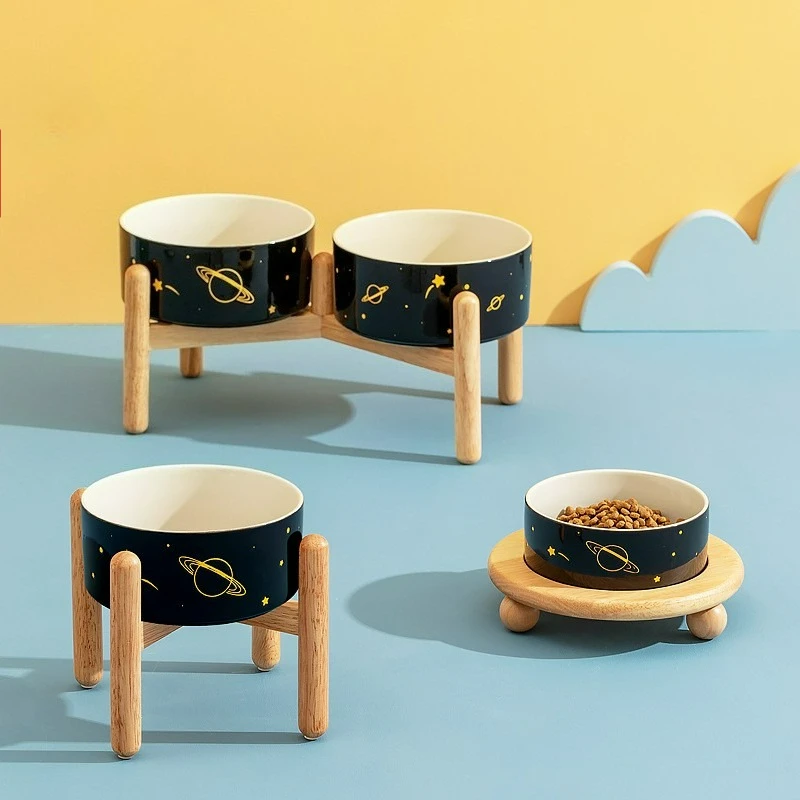 Tigela alta de cerâmica para comida de gato, suporte duplo, proteção para coluna cervical, bacia de comida para cães, comida para gatos, suprimentos para animais de estimação