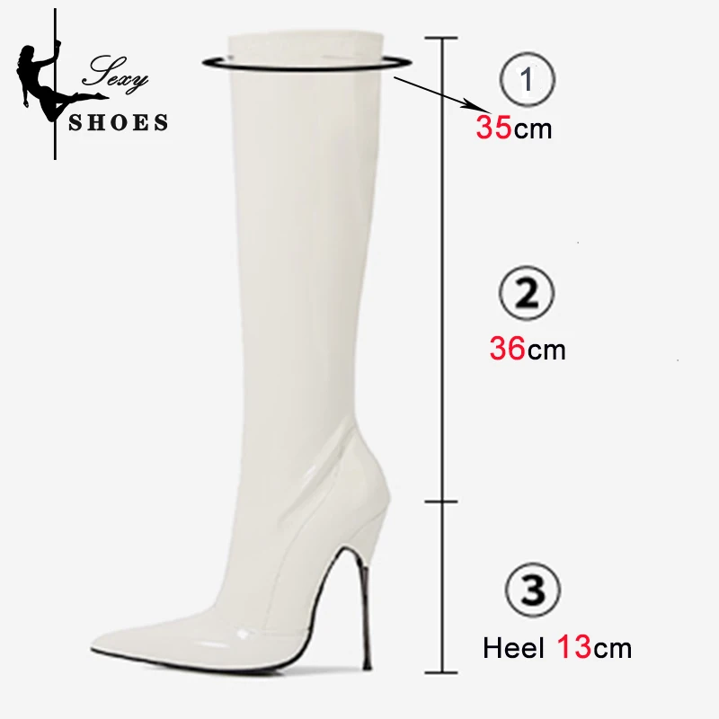 2023 Spring/Autumn Long Boots for Women Pointy Toe Thin Heels Stripper Shoes Patent Leather Zipper Brand Designer Knee-High Boot