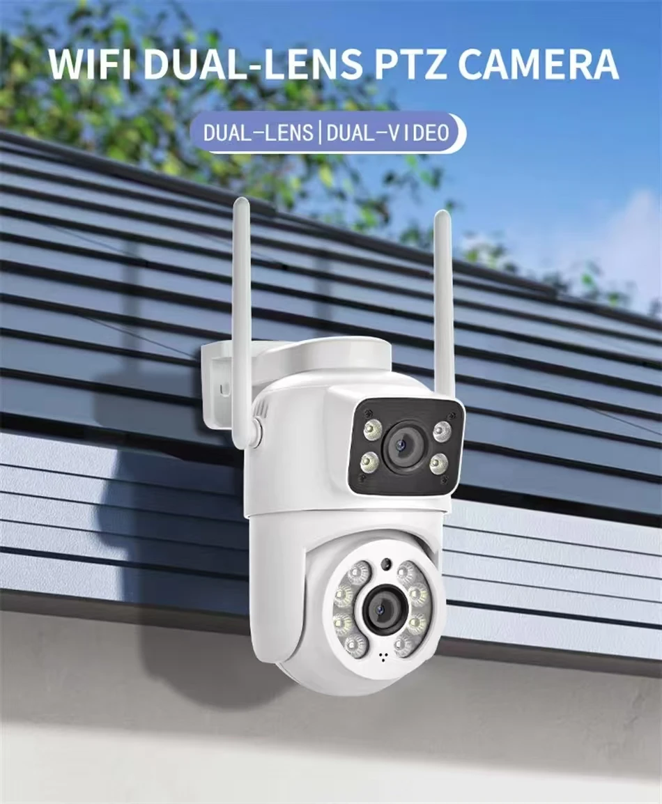 Outdoor Mini Dual Lens PTZ Wifi Camera Dual Screen Color Night Vision Surveillance Camera Auto Tracking Security Camera lCSEE