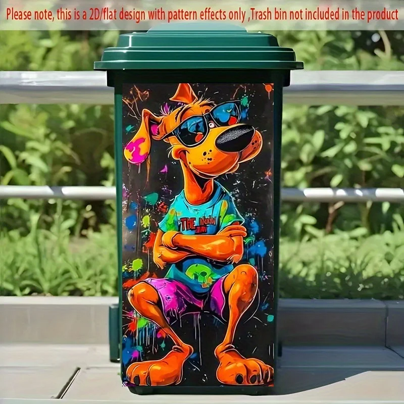 1 2D flat trash can sticker, cool glasses dog design, suitable for outdoor trash cans and kitchen wall decoration