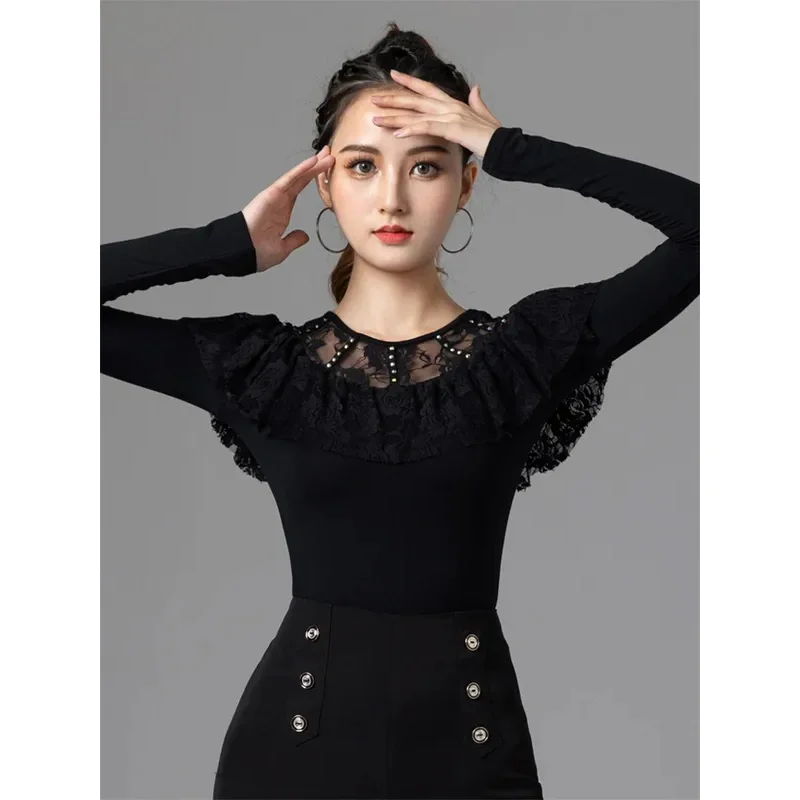 Round Neck Latin Dance Costume Evening T-shirt Jazz Solid Color Wear Pole Tango Clothes Women Mesh Patchwork Dancewear Line T*.1