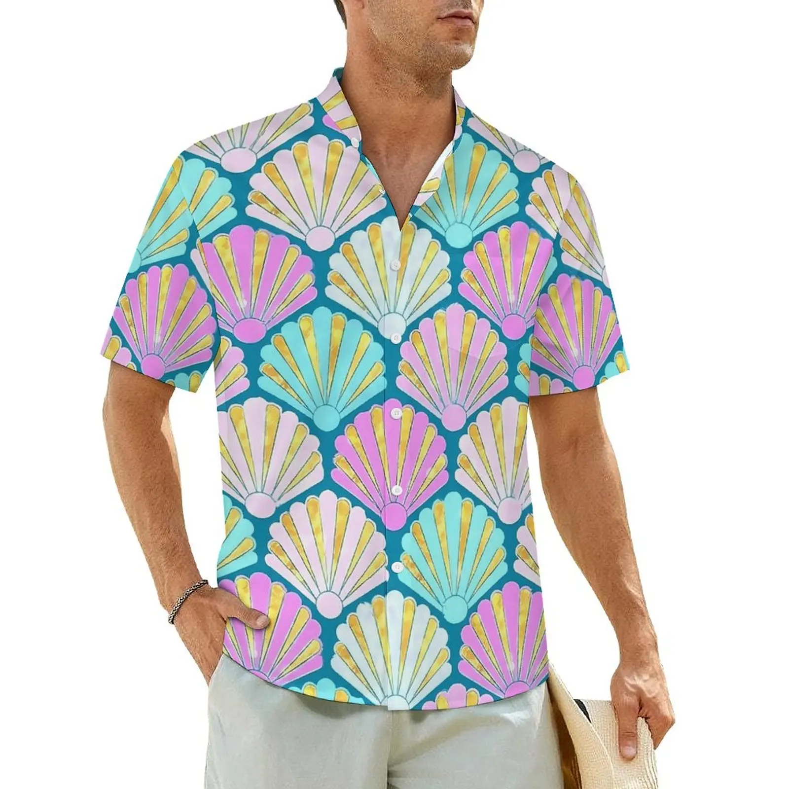 

Sea Shells Beach Shirt Men Pink and Teal Classic Casual Shirts Hawaii Short Sleeve Comfortable Print Plus Size 4XL Blouses Gift