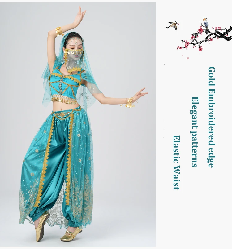 Frauen Bauchtanz Halloween Performance Kostüme Hosenanzug Aladdin Jasmin Prinzessin Dress Up Party Kleidung Tanzen Outfit – Detail 12