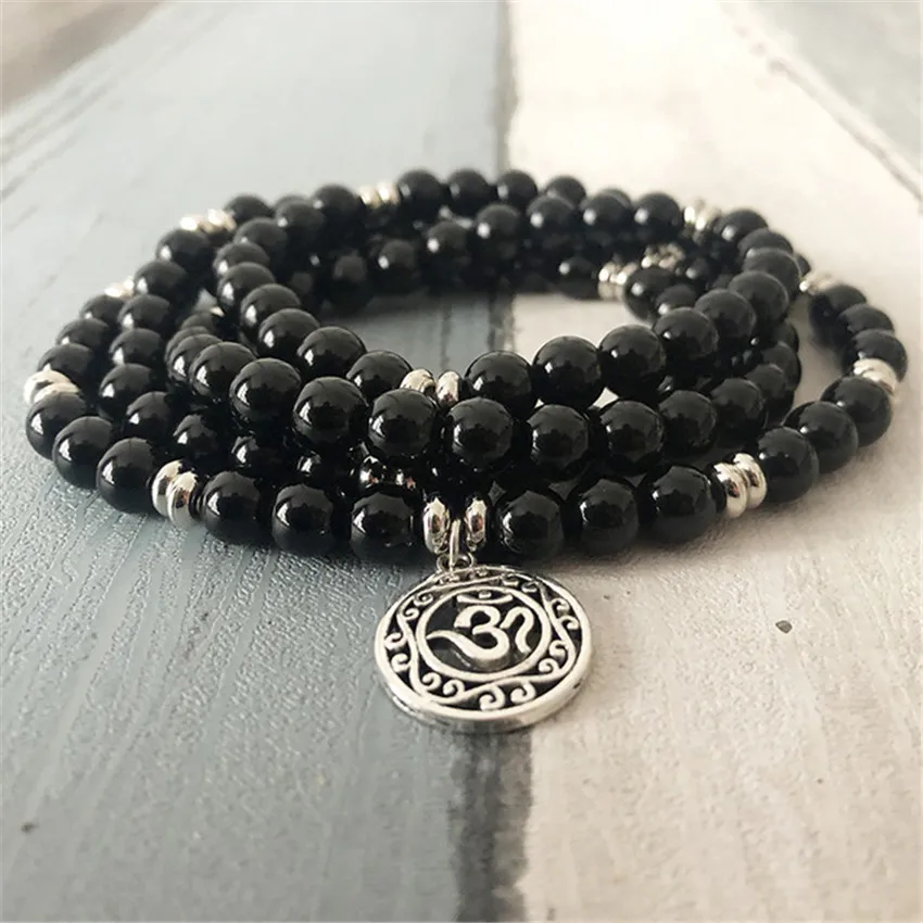 

6mm black agate 108 Beads Lotus mala bracelet Pendant Unisex Stones Fragrant Peace Chain Wrap Mala Prayer