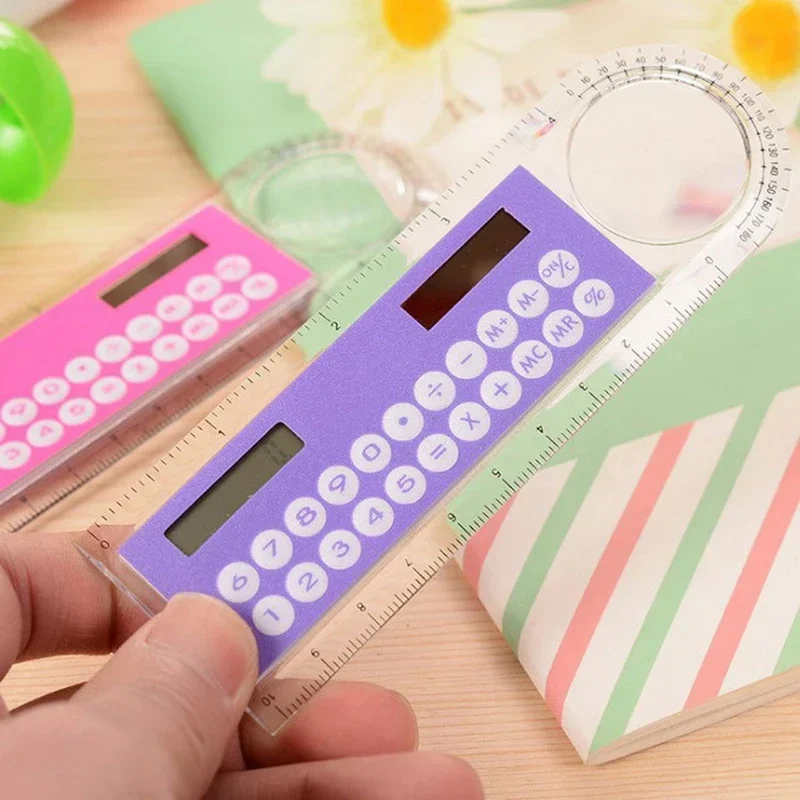 3 in 1 Mini Arithmetic Ruler with Solar Energy Calculator Magnifier Function School Stationery Measuring Drawing Tools Supplies