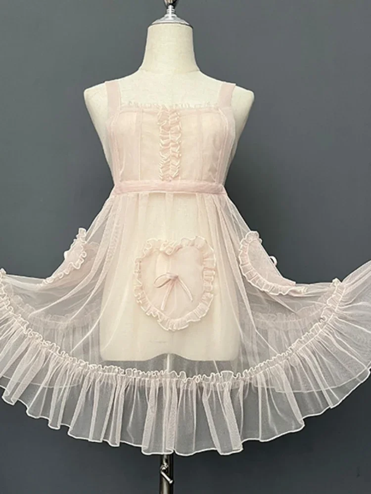 

Sweet Lolita Apron Sheer Cover up Dress w. Heart Shaped Pockets sweet dress female ruffled strap sleeveless 2025