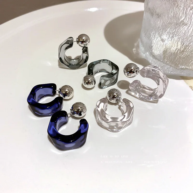 Trendy Acrylic C Shape Earrings for Women Metal Bean Double Layer Drop Earrings Party Unique Design Geometry Jewelry White Blue