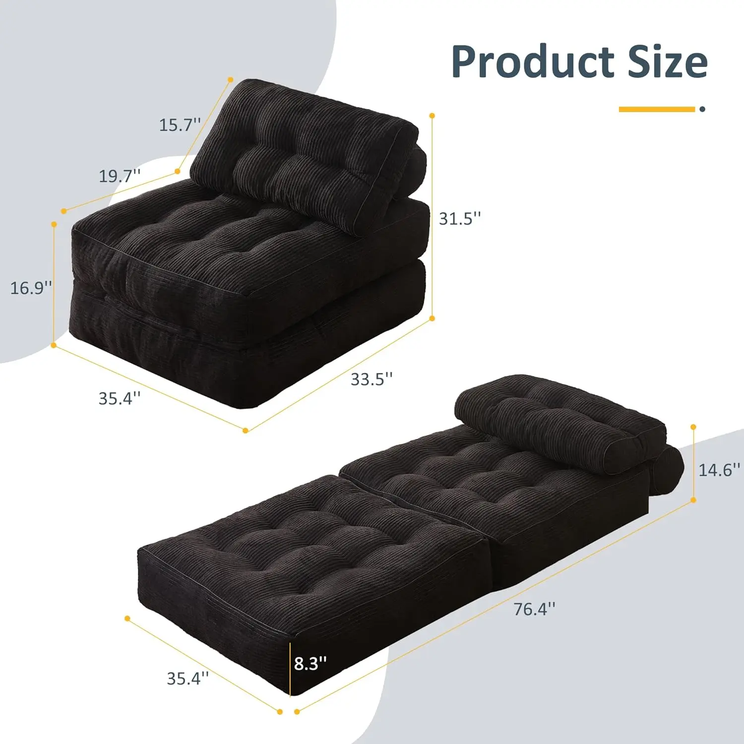 Chair Bed, Futon Sofa Bed for Bedroom and Living Room, Convertible Floor Couch for Small Spaces, Black