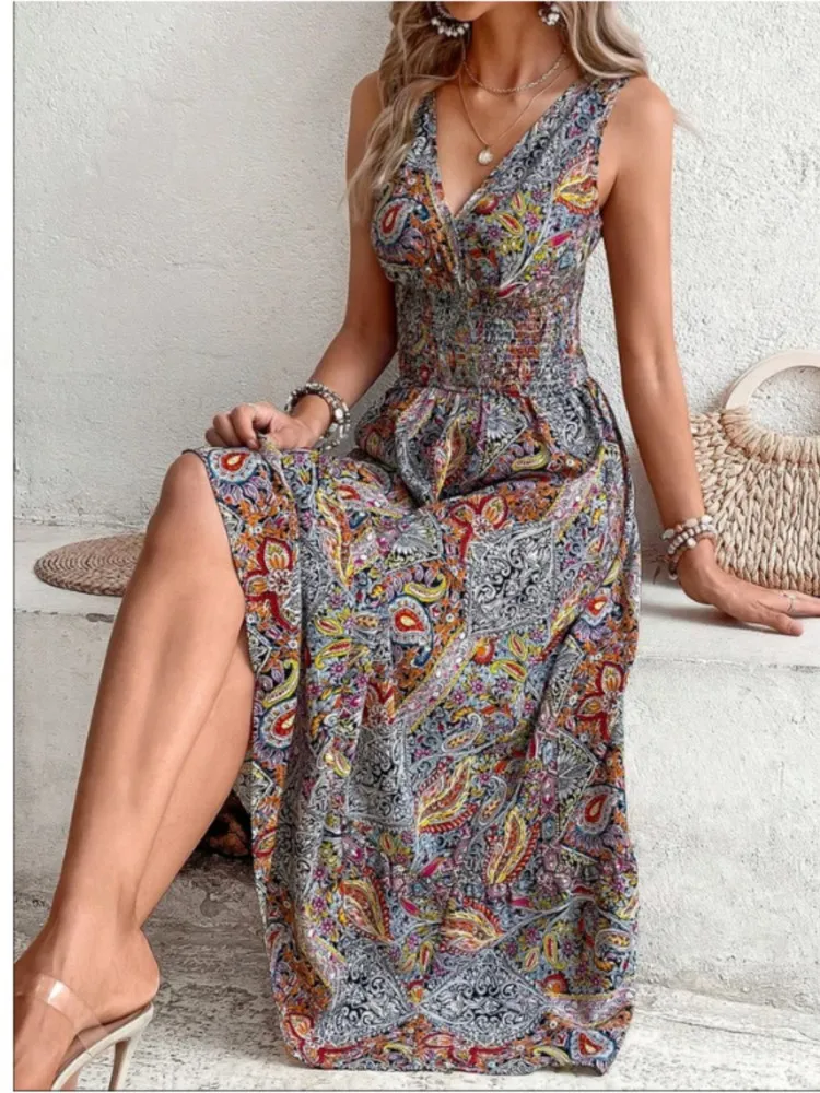 Robes d'été style Boho pour femmes, mode, col en v, sans manches, imprimé, robes de soirée de plage, élégantes, décontractées, vacances, longue robe trapèze