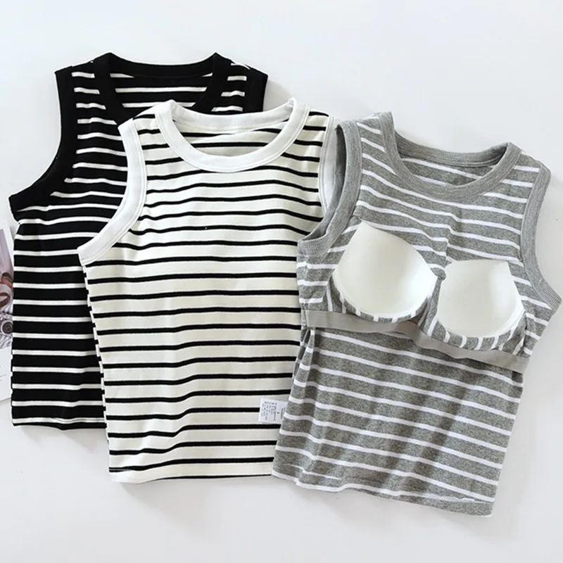 

One Piece Pajamas Tops For Women New Fashion Striped Sleeveless Summer Sleepwear Shirt Slim Cotton Chest Pad Sleep T-Shirts