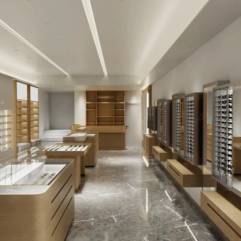 custom.Wooden Optical Display Furniture Tempered Glass Showcase LED Lighting Modern Interior Design Retail Di