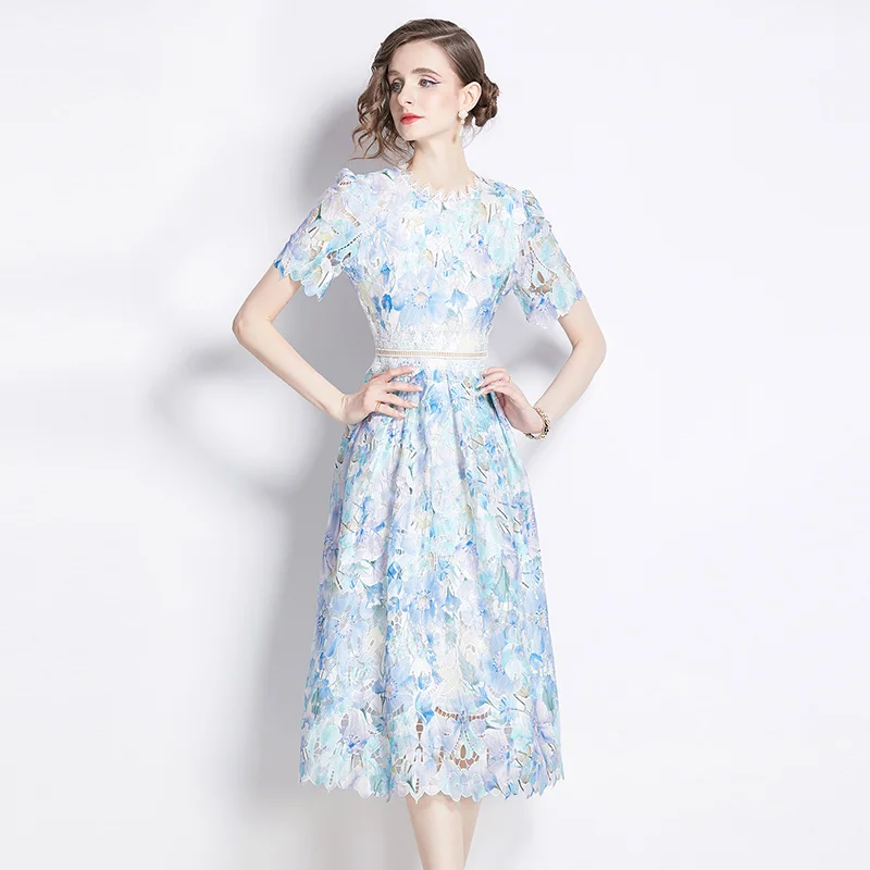 

2024 New Summer Water Soluble Lace Printing Dress Fashion Women Short Sleeve Hollow Out Flowers Embroidery Party Midi Clothes