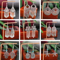Bohemian Drop Earrings for Women Ethnic Retro Silver Color Animal Flower Tassel Dangle Earrings Girl Party Holiday Jewelry Gifts