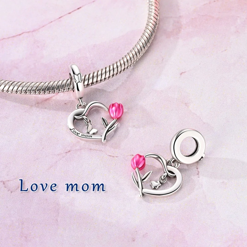 925 Sterling Silver Charms Bead CZ Zircon Heart-Shaped Carnation Dangle Fit Original Bracelet DIY Women Jewelry
