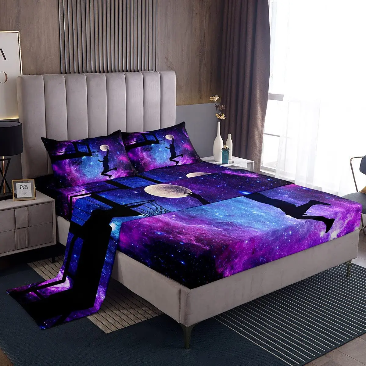 Galaxy Sheet Sets Boys Girls Basketball Flat Sheet Blue and Purple Starry Sky Bedding Universe Moon Print Sport Theme Basketball