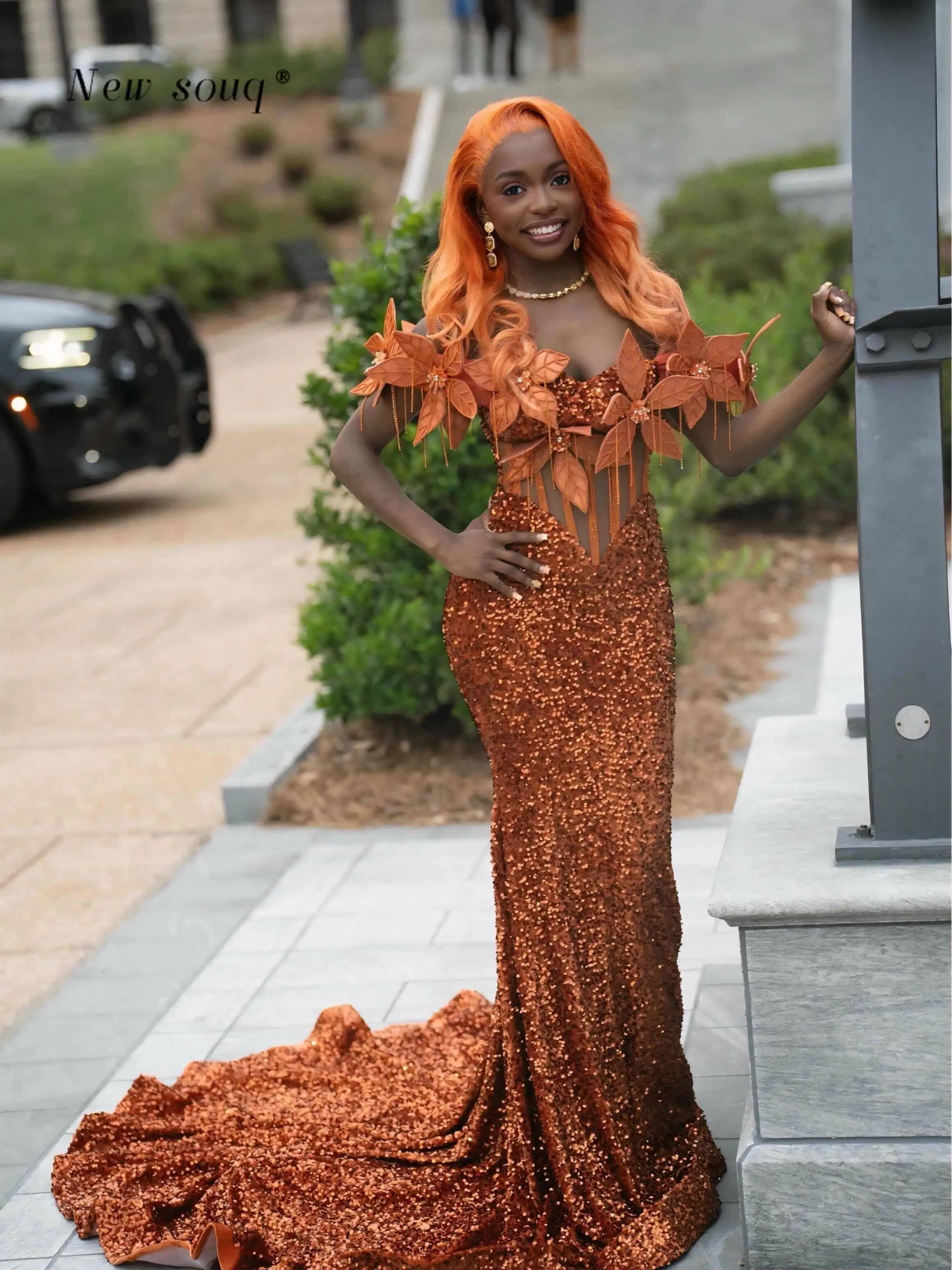

Burnt Orange Long Prom Dresses 2026 for Black Girls Sparkle 3D Flowers Off Shoulder Mermaid Vestidos De Gala Customized
