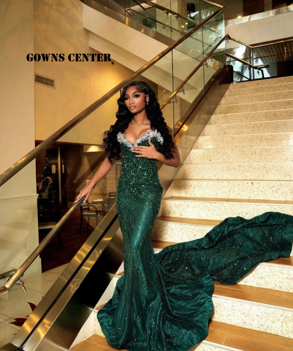 

Absorbing Green Aso Ebi Evening Dresses Mermaid Beads Strapless Crystal Africa Lace-up Luxury Dress Woman 2025 Customized