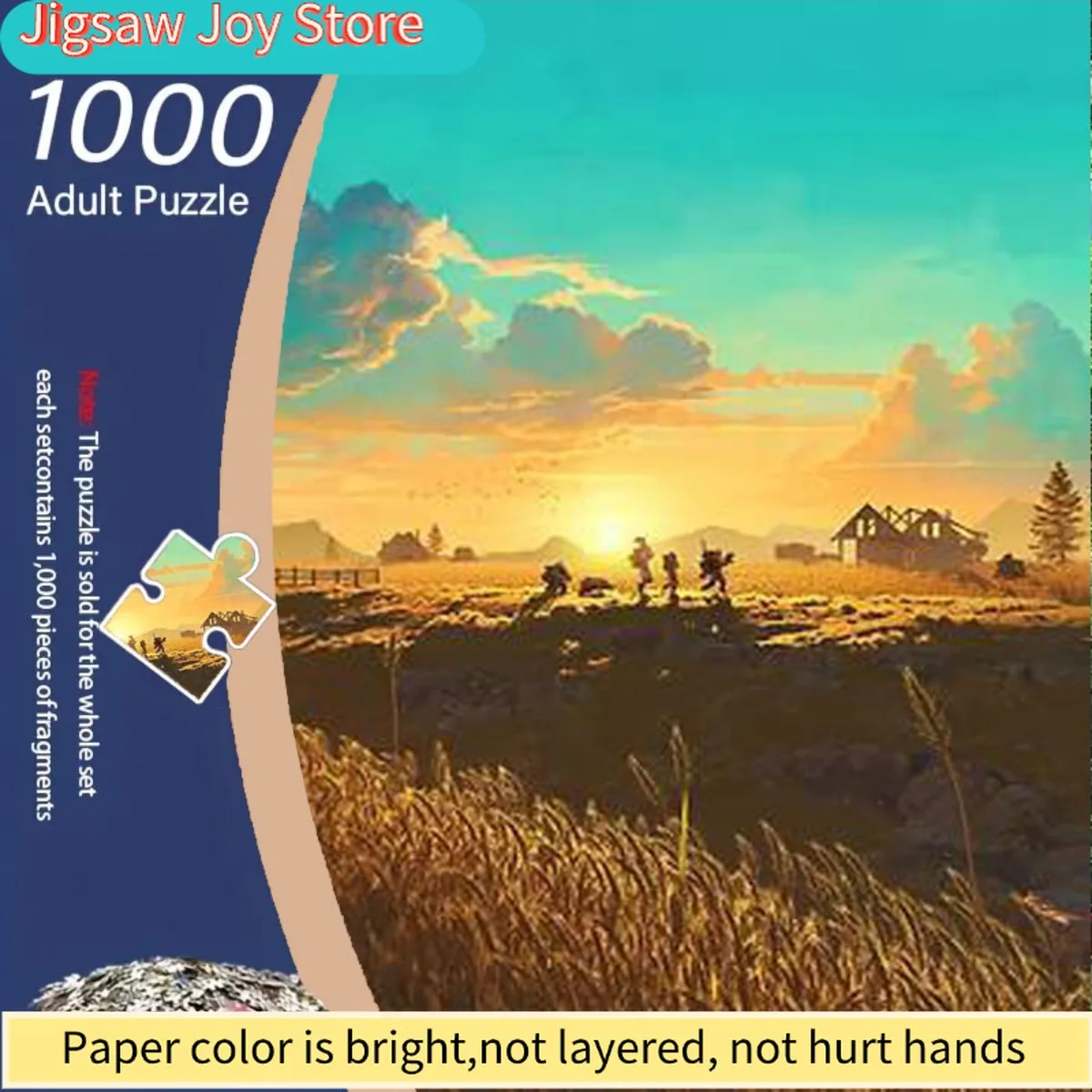 

Пазл из 1000 деталей для взрослых с изображением небольшого домика и человека среди оранжевых и синих облаков на закате, в комплекте.