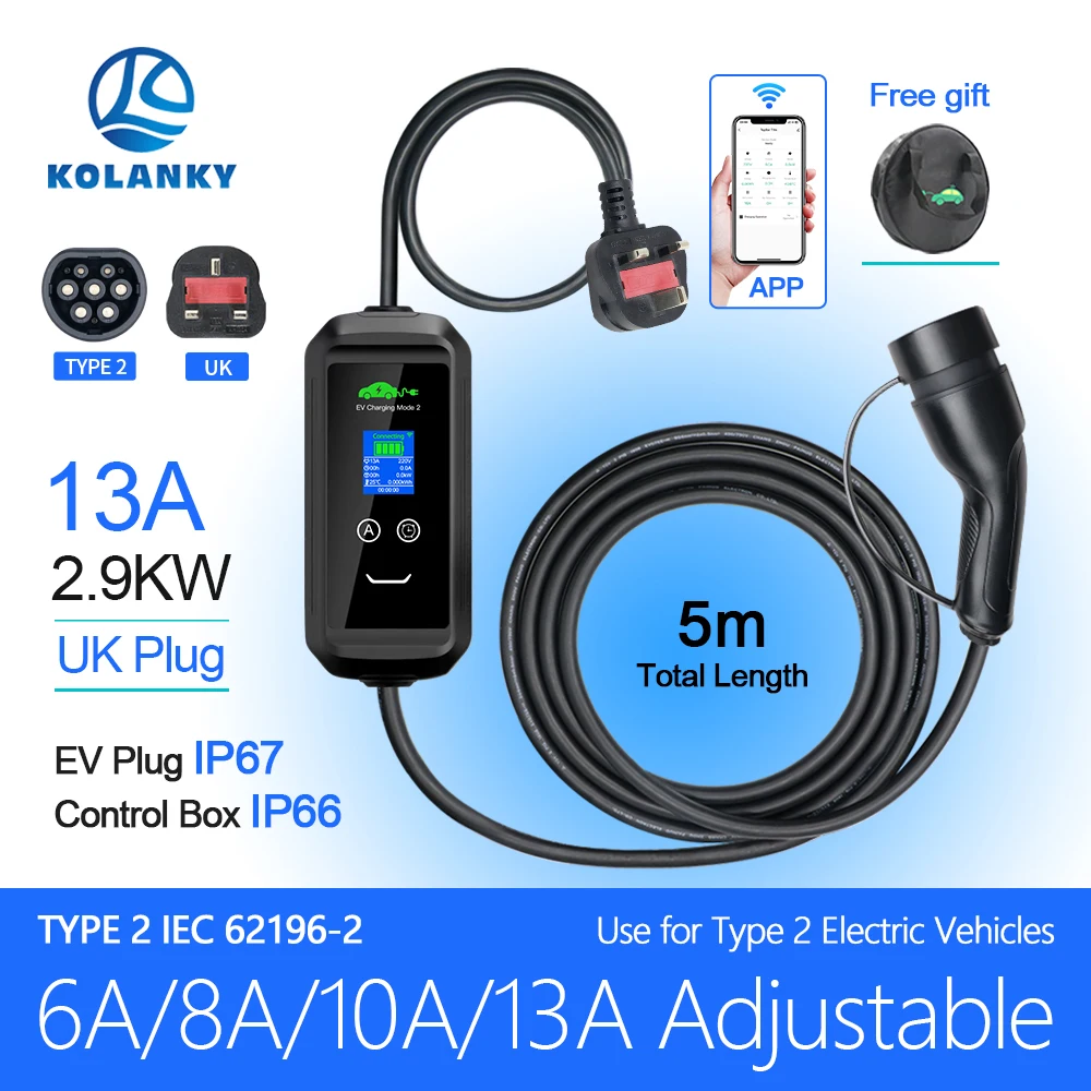 

KOLANKY EV Charger 13A 2.9KW Type 2 Charging Wallbox Tuya APP Control Timer Electric Vehicle Hrbrid UK Power Plug Cable 5M