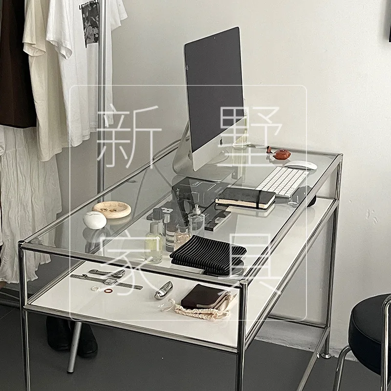 ins modern stainless steel glass desk personalized creative high-end desk minimalist design light luxury comfortable