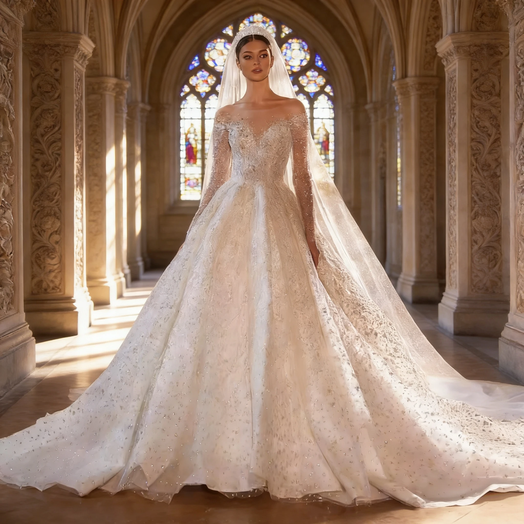 

Luxury Off-the-Shoulder Long Sleeve Beaded Lace Wedding Dress Cathedral Train Ball Gown Bridal Gown