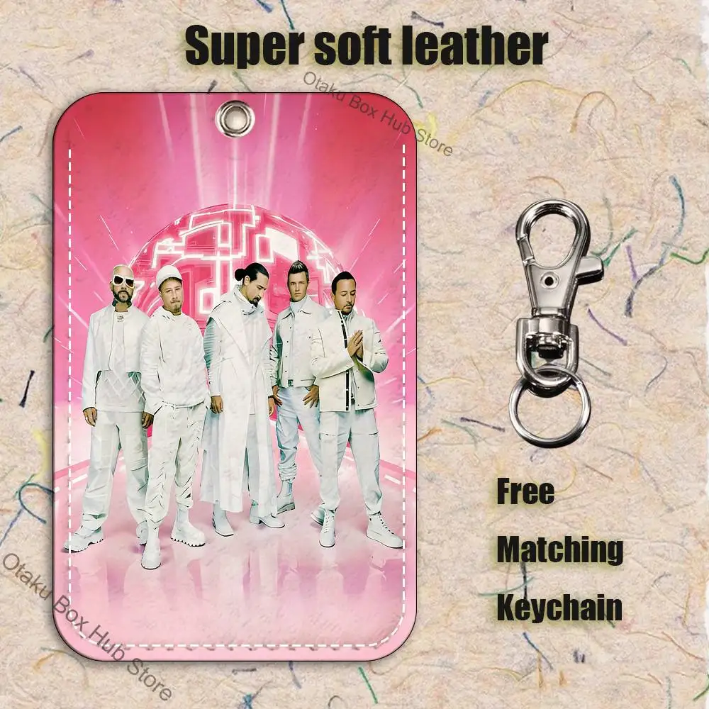B-Backstreet Boys BSB Pattern 1Pc PU Leather Card Holder Keychain Key Ring Door Lock Access Tags ID Card Case Keychain Card