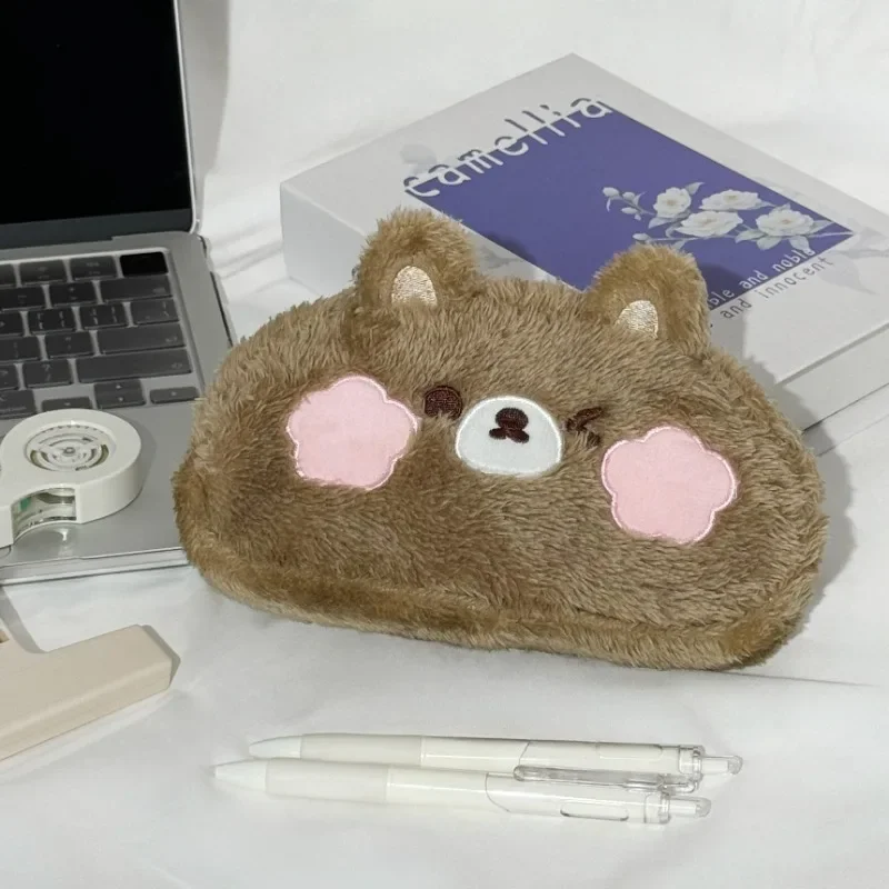 Cute Plush Bear Pencil Case Student Large Capacity Pen Bag Cartoon Cute Stationery Bag Student Learning Supplies Cute Makeup Bag