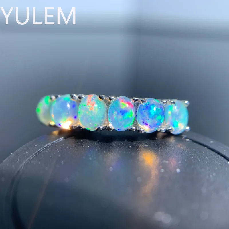 

YULEM 925 Sterling Silver Natural Australian Opal Exquisite Band Ring for Women Wedding Engagement Party Fine Jewelry Gift 3*4mm