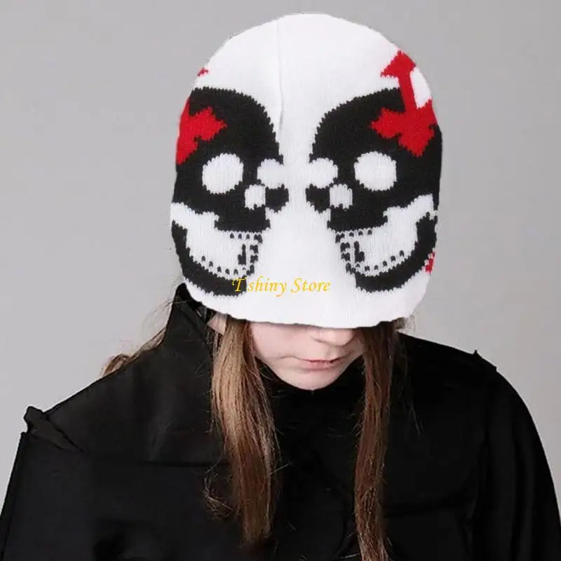 N58F Halloween Jacquard Double Skull Hat Knit Windproof Hat for Adult Winter Cycling