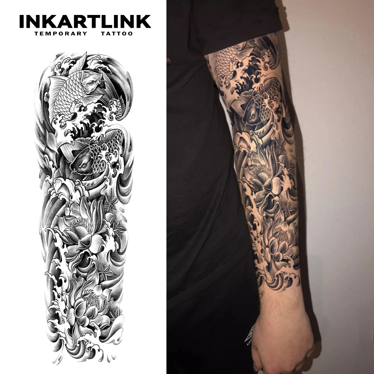 

Временная татуировка Sea Waves Flower Koi, держится до 15 дней, новая технология, волшебный водонепроницаемый полупостоянный стикер, для мужских рукавов.