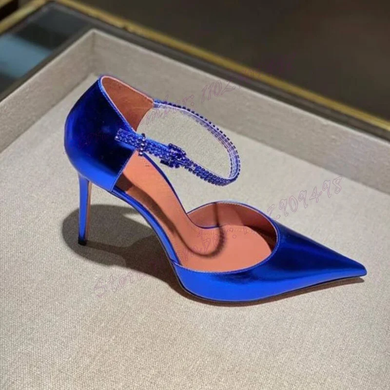 

Blue Patent Leather Ankle Strap Pumps Shallow Pointed Toe Shoes for Women Stilettos High Heels Shoes 2024 Zapatos Para Mujere