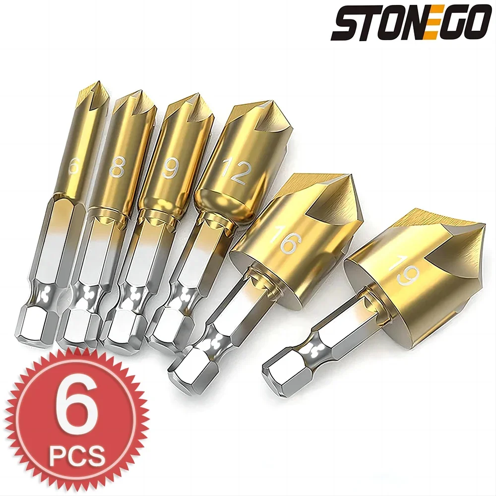 STONEGO 6Pcs Titanium Coating Countersink Drill Bit Set 1/4'' Hex Shank 5 Flute Countersink 90 Degree Wood Chamfering Cutter