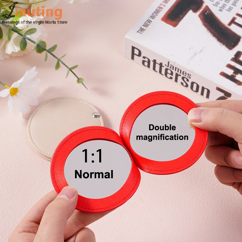 Espelho de maquiagem redondo ultrafino de couro pu, espelho cosmético de dupla face de aço inoxidável, espelho compacto de bolso dobrável para viagens