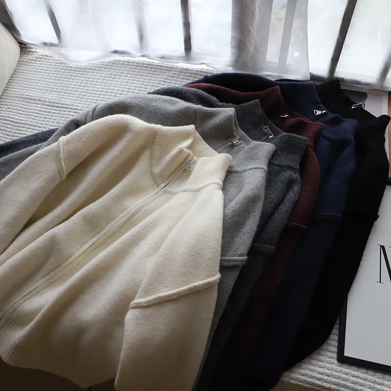 

FL Свободный женский вязаный кардиган с двойной молнией и воротником-стойкой, свитер, пальто, повседневное универсальное осенне-зимнее новое пальто, корейская версия