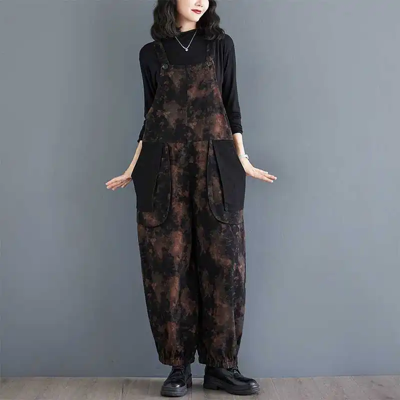 

Винтажный литературный возрастной джинсовый комбинезон с большими карманами и принтом для женщин, весна-осень 202, облегающий комбинезон больших размеров