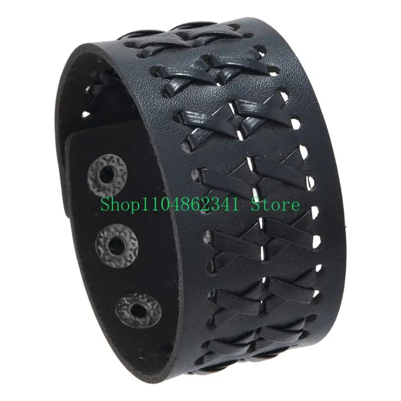 652F Unique Woven Leather Wide Cuff Bracelet Alloy Snaps Sturdy And Comfortable