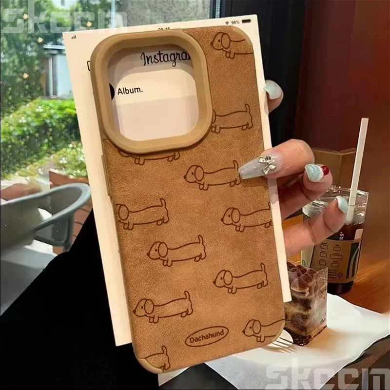 Line Drawing Sausage Dog Leather Phone Case For iPhone 16 Pro Max 15 14 Plus 13 12 11 XS Max X XR Shockproof Matte Bumper Cover